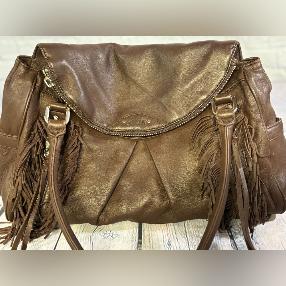 VINTAGE Botkier Chocolate Leather Morgan Boho Fringed Rocker Y2K Satchel Purse